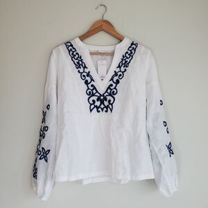 Lascana white with blue pattern linen blouse womens size US 6